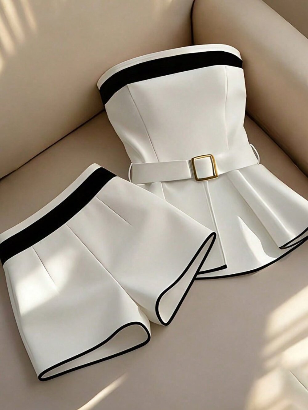 White Casual Women's Elegant Contrast Color Bandeau Top And Shorts Set